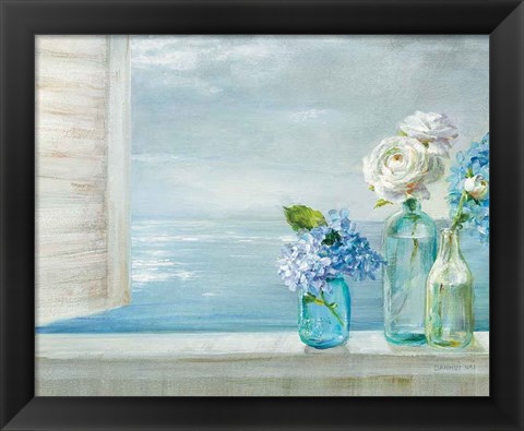 Framed Beautiful Day At the Beach - 3 Glass Bottles Print