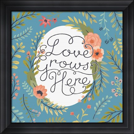 Framed Retro Garden II - Love Grows Here Blue Print