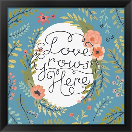 Framed Retro Garden II - Love Grows Here Blue Print