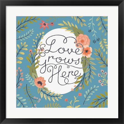 Framed Retro Garden II - Love Grows Here Blue Print