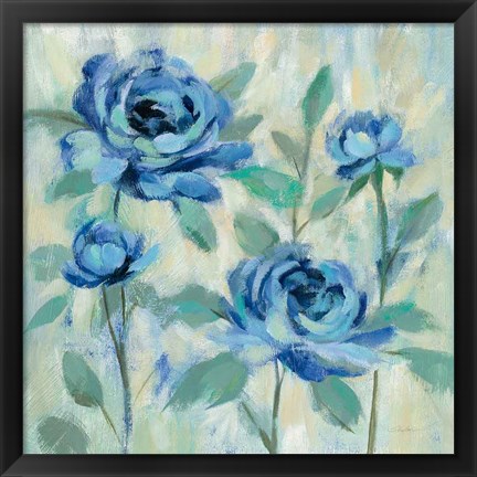 Framed Brushy Blue Flowers I Print