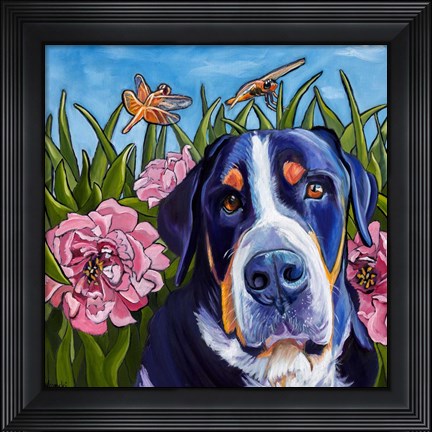Framed Dog and Dragonflies Print