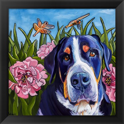 Framed Dog and Dragonflies Print