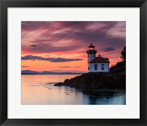 Framed Orange Sunset at Lime Kiln Lighthouse Print