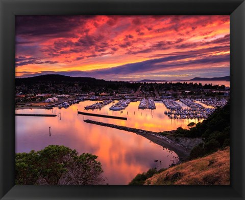 Framed Red Sunset Over Harbor Print