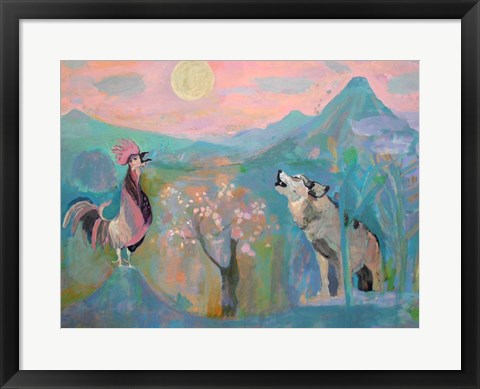 Framed Wolf and the Rooster Sing by Moonlight Print
