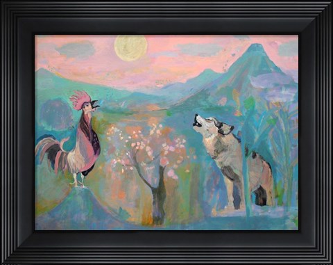 Framed Wolf and the Rooster Sing by Moonlight Print