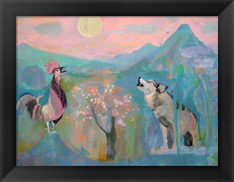 Framed Wolf and the Rooster Sing by Moonlight Print