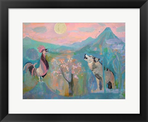 Framed Wolf and the Rooster Sing by Moonlight Print