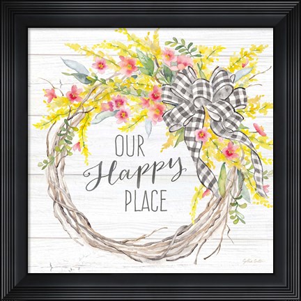 Framed Spring Gingham Wreath Happy Place Print