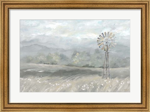 Framed Country Meadow Windmill Landscape Neutral Print