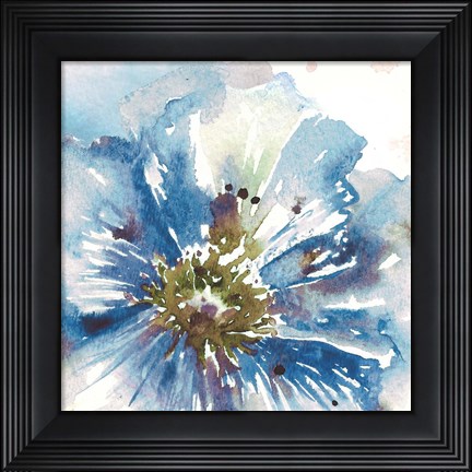 Framed Blue Watercolor Poppy Close Up I Print