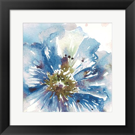 Framed Blue Watercolor Poppy Close Up I Print
