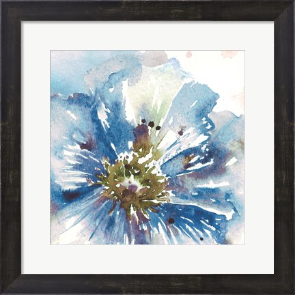 Framed Blue Watercolor Poppy Close Up I Print