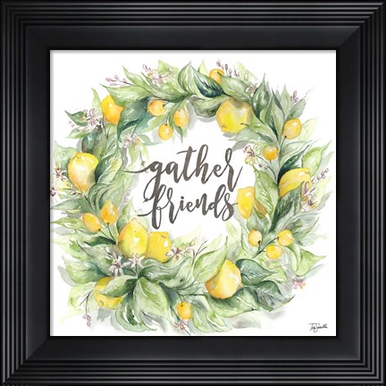 Framed Watercolor Lemon Wreath Gather Friends Print