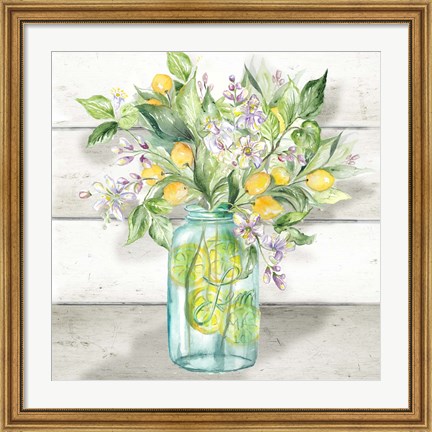 Framed Watercolor Lemons in Mason Jar on shiplap Print