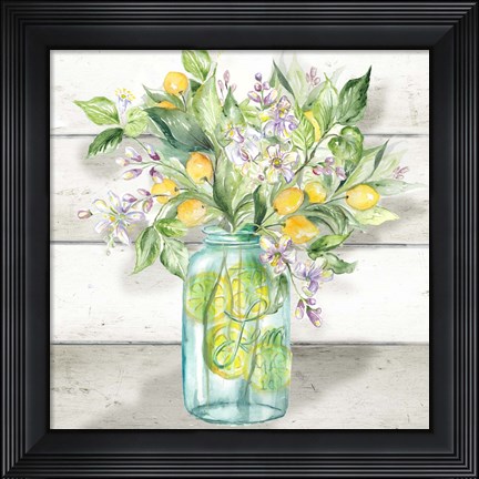 Framed Watercolor Lemons in Mason Jar on shiplap Print