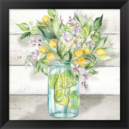 Framed Watercolor Lemons in Mason Jar on shiplap Print