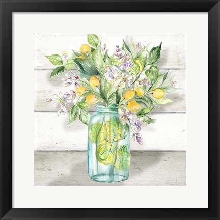 Framed Watercolor Lemons in Mason Jar on shiplap Print