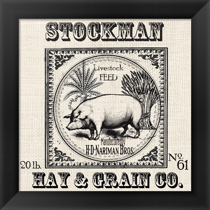 Framed Farmhouse Grain Sack Label Pig Print