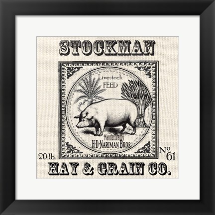 Framed Farmhouse Grain Sack Label Pig Print