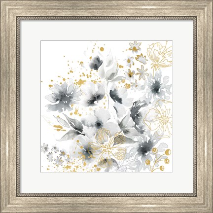Framed Watercolor Gray and Gold Floral Print