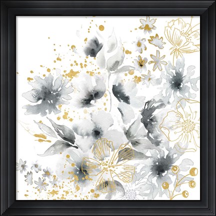 Framed Watercolor Gray and Gold Floral Print