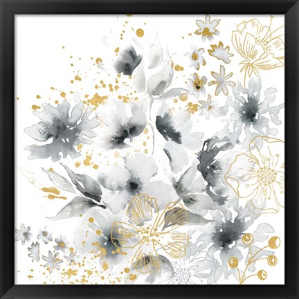 Framed Watercolor Gray and Gold Floral Print