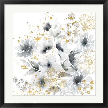 Framed Watercolor Gray and Gold Floral Print