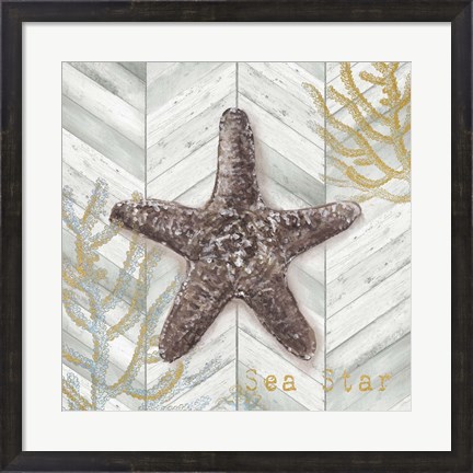 Framed Gray Gold Chevron Star Fish Print