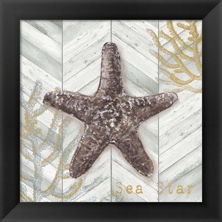 Framed Gray Gold Chevron Star Fish Print