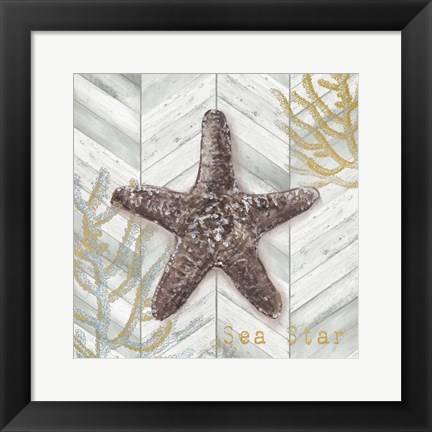 Framed Gray Gold Chevron Star Fish Print