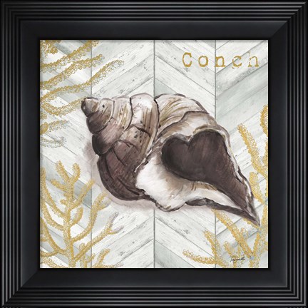 Framed Gray Gold Chevron Conch Shell Print