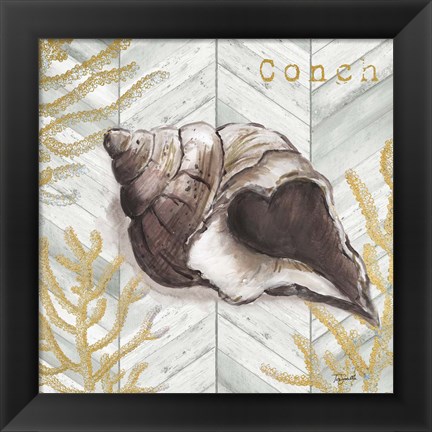 Framed Gray Gold Chevron Conch Shell Print