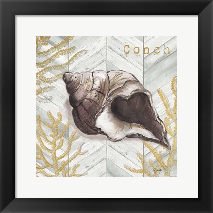 Framed Gray Gold Chevron Conch Shell Print