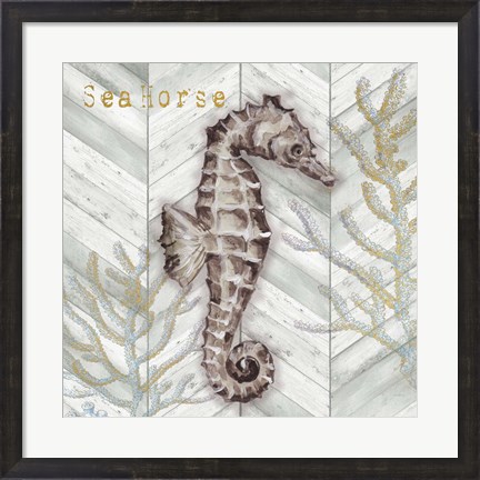 Framed Gray Gold Chevron Seahorse Print