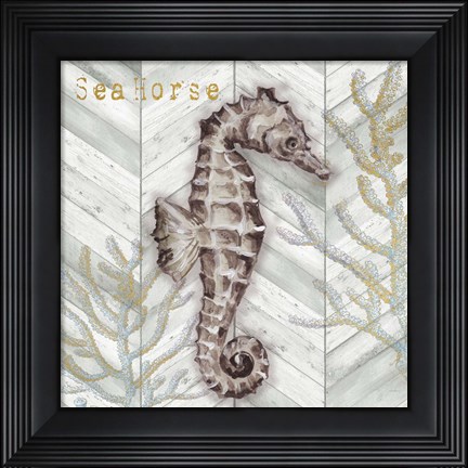 Framed Gray Gold Chevron Seahorse Print