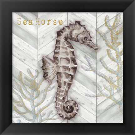 Framed Gray Gold Chevron Seahorse Print