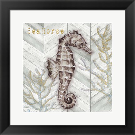 Framed Gray Gold Chevron Seahorse Print