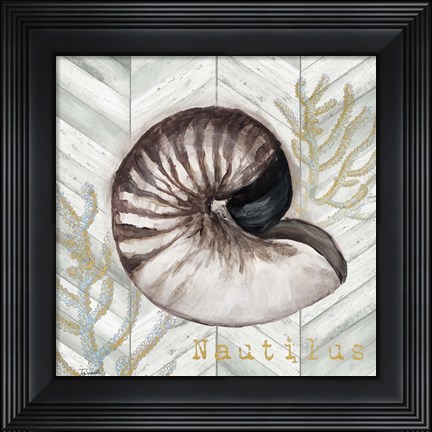 Framed Gray Gold Chevron Nautilus Shell Print