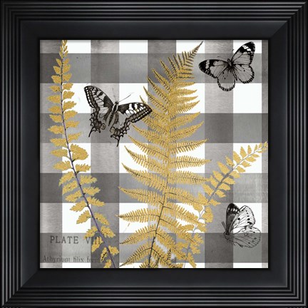 Framed Buffalo Check Ferns and Butterflies Neutral I Print