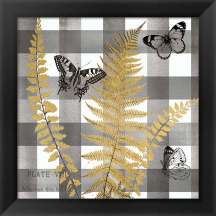 Framed Buffalo Check Ferns and Butterflies Neutral I Print