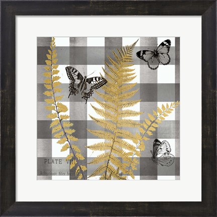 Framed Buffalo Check Ferns and Butterflies Neutral I Print