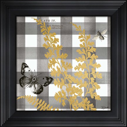 Framed Buffalo Check Ferns and Butterflies Neutral II Print