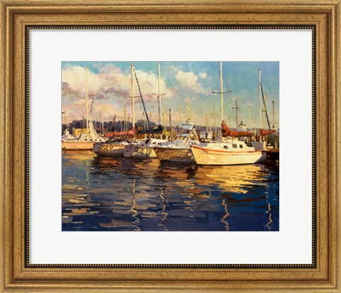 Framed Boats on Glassy Harbor Print