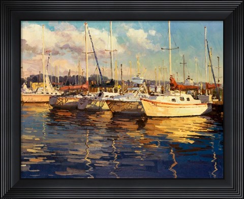 Framed Boats on Glassy Harbor Print