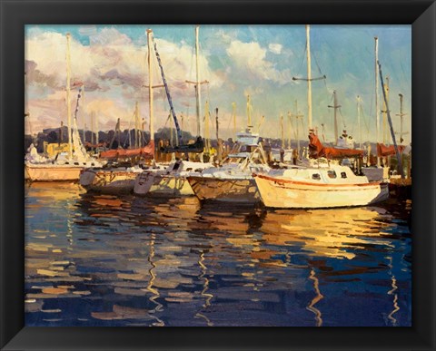 Framed Boats on Glassy Harbor Print
