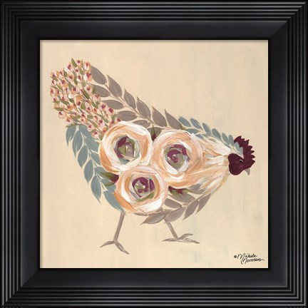 Framed Floral Hen Blue and Yellow Print