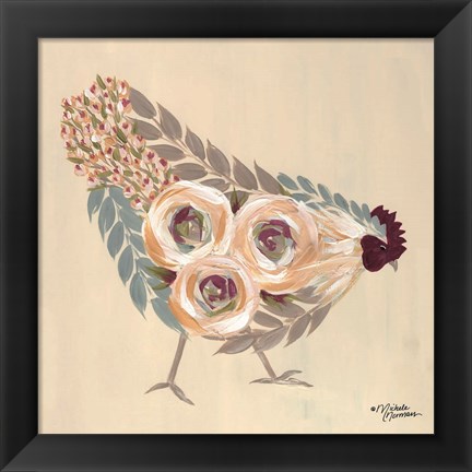 Framed Floral Hen Blue and Yellow Print