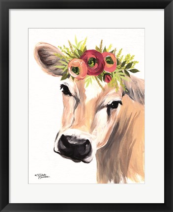 Framed Jersey Cow with Floral Crown Print